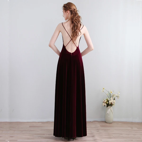 Modest / Simple Floor-Length / Long Burgundy Evening Dresses  2018 A-Line / Princess V-Neck X-Strap Backless Evening Party Formal Dresses