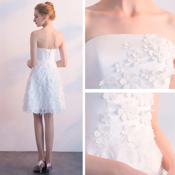 Classic Elegant White Wedding 2018 A-Line / Princess Tulle Short Appliques Backless Strapless Wedding Dresses