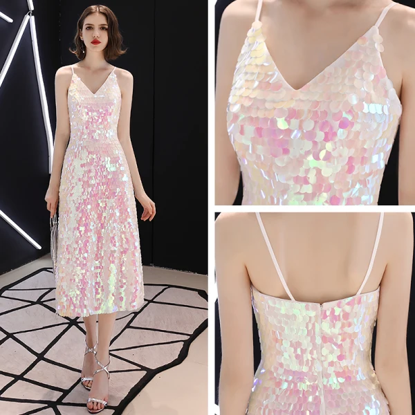 Sparkly Bling Bling Candy Pink Short Cocktail Dresses 2018 A-Line / Princess V-Neck Beading Sequins Polyester Cocktail Party Formal Dresses