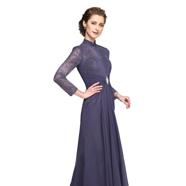 Luxury / Gorgeous Purple Mother Of The Bride Dresses 2020 A-Line / Princess Floor-Length / Long High Neck Long Sleeve Backless Embroidered Handmade Wedding Wedding Party Dresses