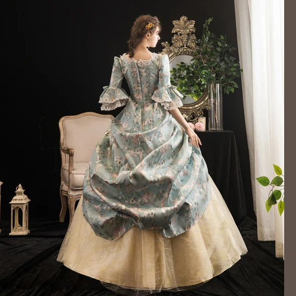 Vintage / Retro Medieval Multi-Colors Ball Gown Prom Dresses 2021 Zipper Up 1/2 Sleeves U-Neck Floor-Length / Long 3D Lace Beading Flower Printing Cosplay