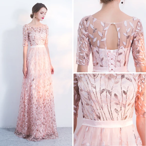 Chic / Beautiful Blushing Pink Evening Dresses 2017 A-Line / Princess Homecoming U-Neck Lace Backless Appliques Printing 1/2 Sleeves Evening Party Party Dresses