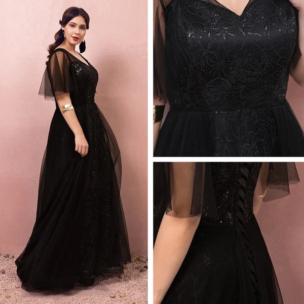 Scintillantes Bling Bling Noire Grande Taille Robe De Bal 2018 Princesse V-Cou Tulle Appliques Dos Nu Perlage Paillettes Promo Robe De Soirée