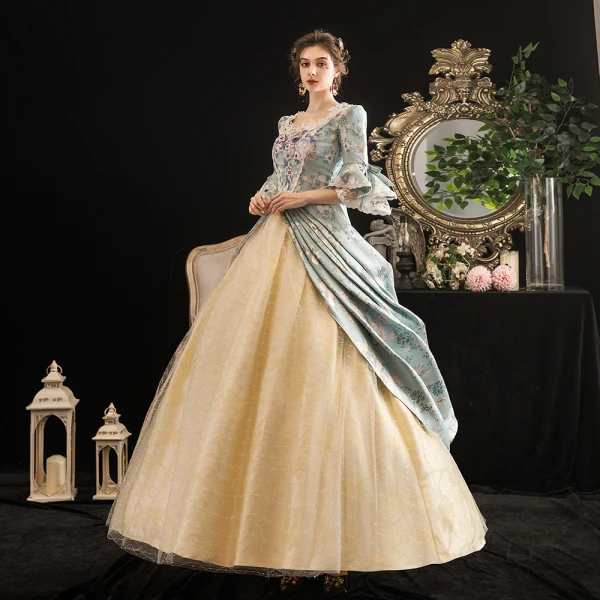 Vintage / Retro Medieval Multi-Colors Ball Gown Prom Dresses 2021 Zipper Up 1/2 Sleeves U-Neck Floor-Length / Long 3D Lace Beading Flower Printing Cosplay