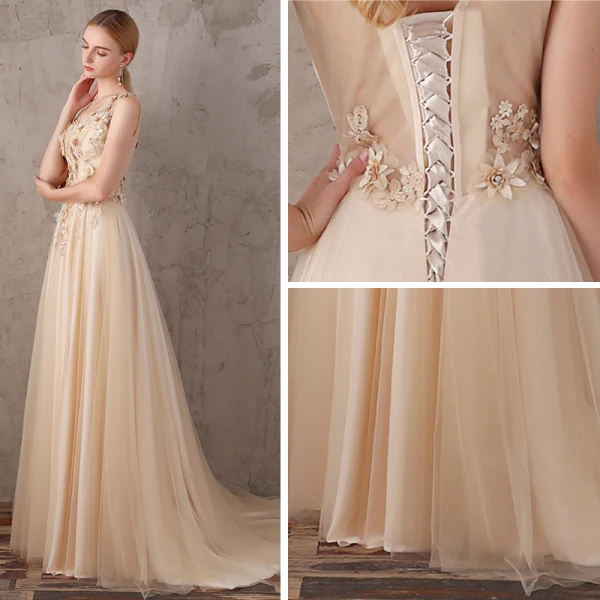 Chic / Beautiful Champagne Evening Dresses  2017 A-Line / Princess V-Neck Lace Pearl Appliques Backless Beading Homecoming Formal Dresses