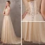 Chic / Beautiful Champagne Evening Dresses  2017 A-Line / Princess V-Neck Lace Pearl Appliques Backless Beading Homecoming Formal Dresses