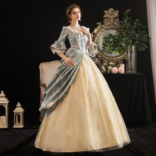 Vintage / Retro Medieval Multi-Colors Ball Gown Prom Dresses 2021 Zipper Up 1/2 Sleeves U-Neck Floor-Length / Long 3D Lace Beading Flower Printing Cosplay