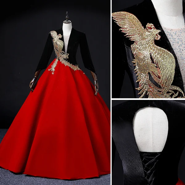 Chinese style Red Satin Prom Dresses 2022 A-Line / Princess V-Neck Long Sleeve Backless Floor-Length / Long Formal Dresses