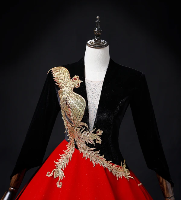 Chinese style Red Satin Prom Dresses 2022 A-Line Princess V-Neck Long Sleeve Backless