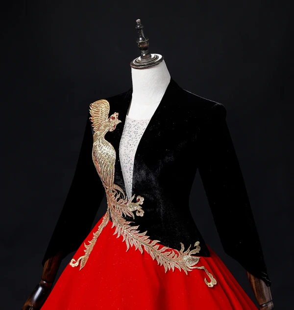 Chinese style Red Satin Prom Dresses 2022 A-Line / Princess V-Neck Long Sleeve Backless Floor-Length / Long Formal Dresses