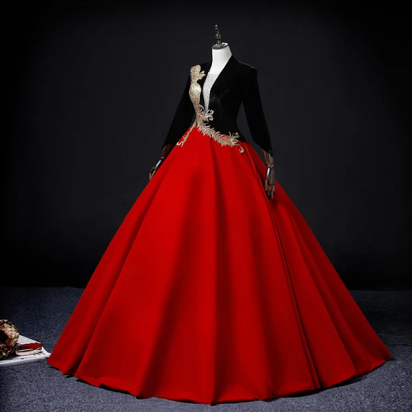 Chinese style Red Satin Prom Dresses 2022 A-Line / Princess V-Neck Long Sleeve Backless Floor-Length / Long Formal Dresses