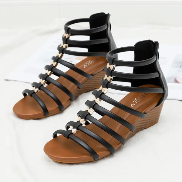Vintage / Retro Roman Summer Brown Street Wear Womens Sandals 2022 5 cm Wedges T-Strap Open / Peep Toe Sandals