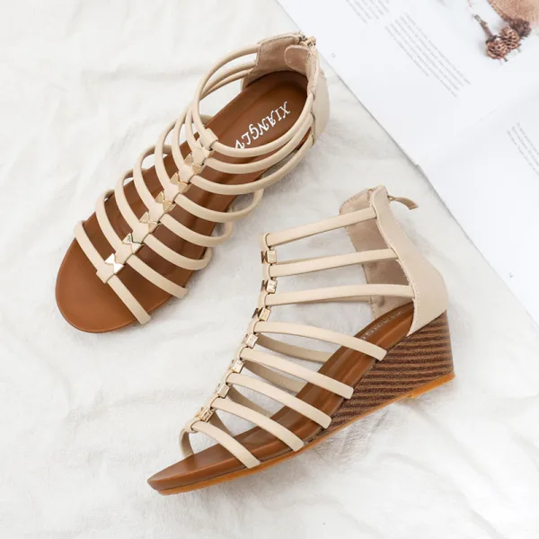 Vintage / Retro Roman Summer Brown Street Wear Womens Sandals 2022 5 cm Wedges T-Strap Open / Peep Toe Sandals