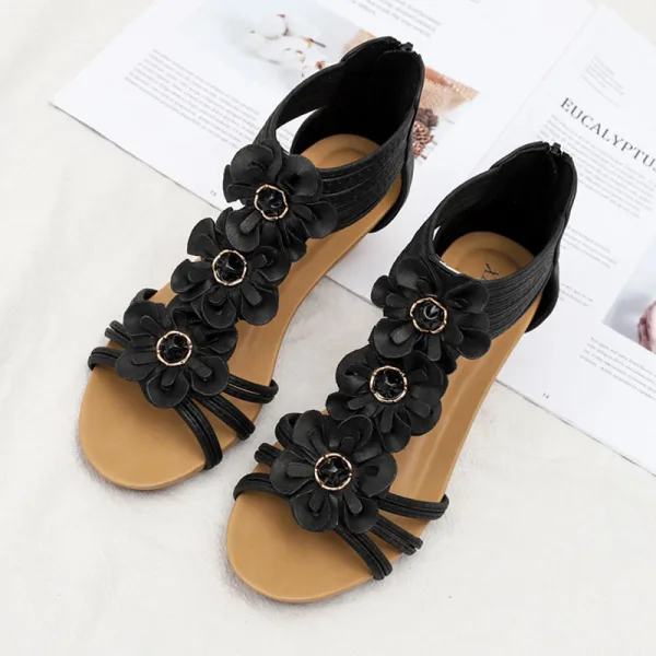 Bohemia Beige Street Wear Summer Womens Sandals 2022 T-Strap Flower 5 cm Wedges Open / Peep Toe Sandals