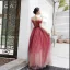 Chic / Beautiful Burgundy Handmade  Beading Evening Dresses 2022 A-Line / Princess Off-The-Shoulder Short Sleeve Sash Backless Floor-Length / Long Formal Dresses