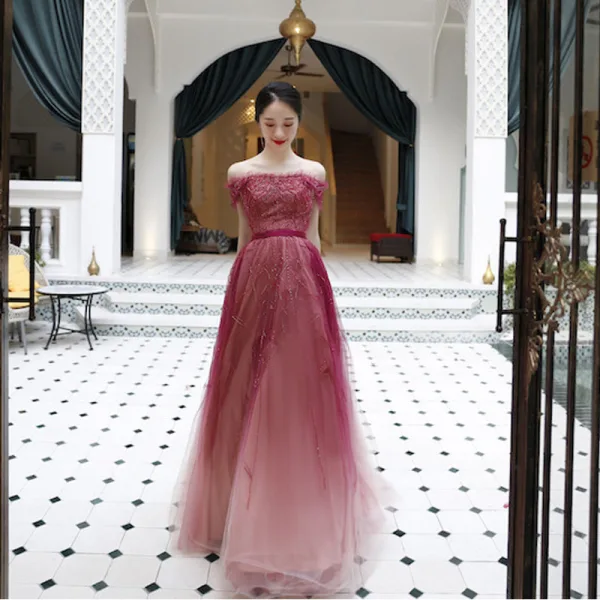 Chic / Beautiful Burgundy Handmade Beading Evening Dresses 2022 A-Line / Princess Off-The-Shoulder Short Sleeve Sash Backless Floor-Length / Long Formal Dresses