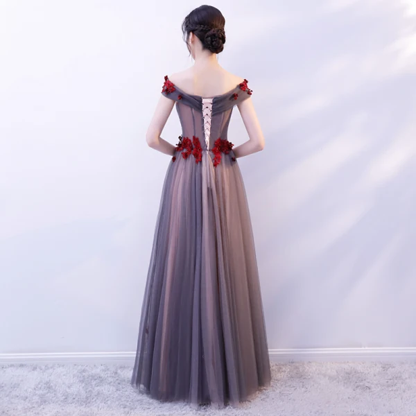 Chic / Beautiful Grey Prom Dresses 2019 A-Line / Princess Off-The-Shoulder Short Sleeve Appliques Flower Beading Floor-Length / Long Ruffle Backless Formal Dresses