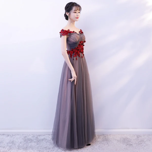 Chic / Beautiful Grey Prom Dresses 2019 A-Line / Princess Off-The-Shoulder Short Sleeve Appliques Flower Beading Floor-Length / Long Ruffle Backless Formal Dresses