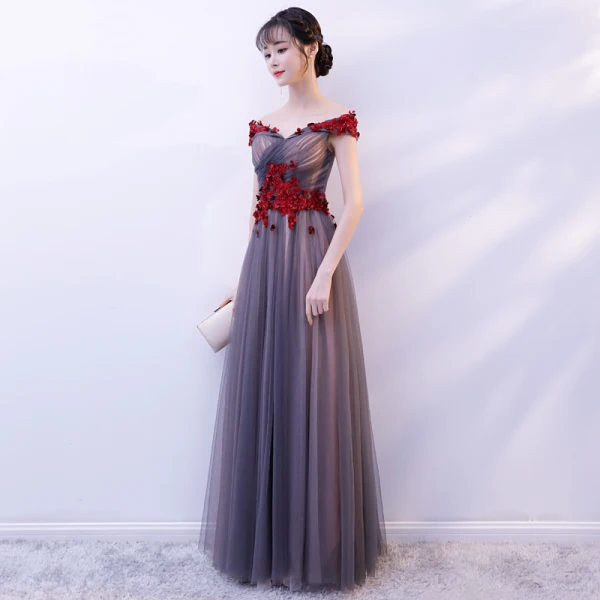 Chic / Beautiful Grey Prom Dresses 2019 A-Line / Princess Off-The-Shoulder Short Sleeve Appliques Flower Beading Floor-Length / Long Ruffle Backless Formal Dresses