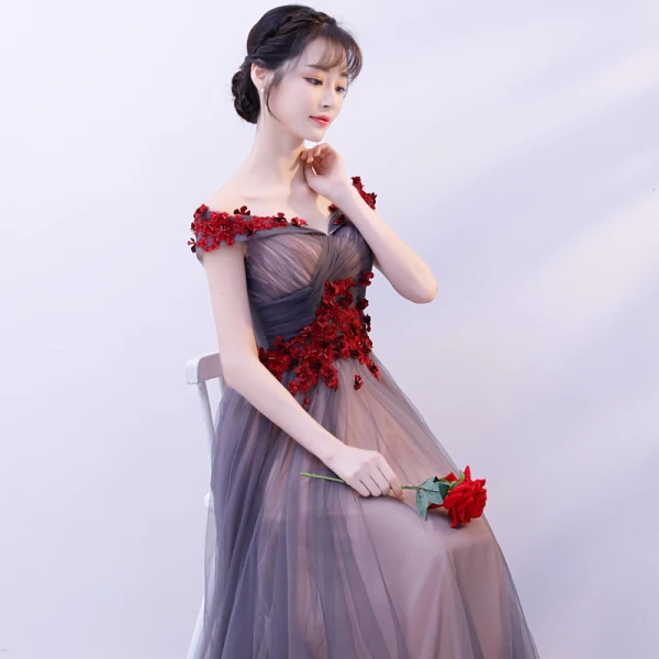 Chic / Beautiful Grey Prom Dresses 2019 A-Line / Princess Off-The-Shoulder Short Sleeve Appliques Flower Beading Floor-Length / Long Ruffle Backless Formal Dresses