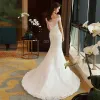 Affordable Church Hall Wedding Dresses 2017 White Trumpet / Mermaid Chapel Train Off-The-Shoulder Short Sleeve Backless Pearl Lace Appliques Beading Sequins