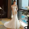 Affordable Church Hall Wedding Dresses 2017 White Trumpet / Mermaid Chapel Train Off-The-Shoulder Short Sleeve Backless Pearl Lace Appliques Beading Sequins