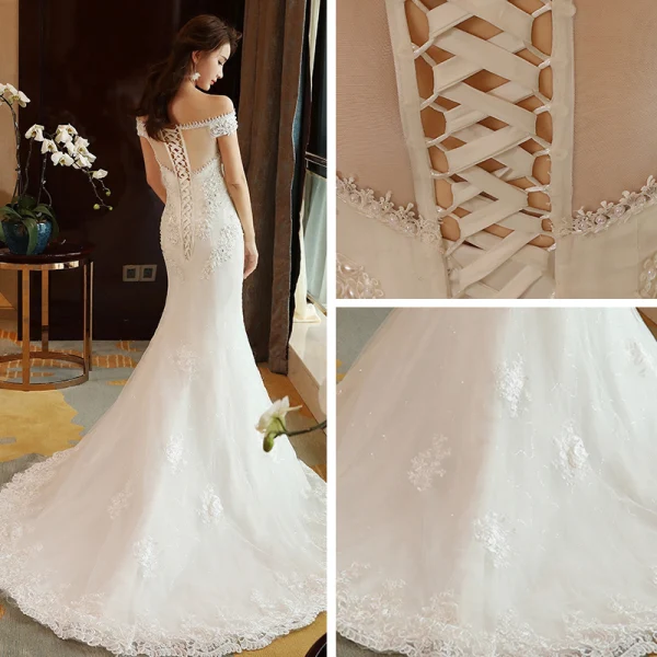 Abordable Église Salle Robe De Mariée 2017 Blanche Trompette / Sirène Chapel Train De l'épaule Manches Courtes Dos Nu Perle En Dentelle Appliques Perlage Paillettes