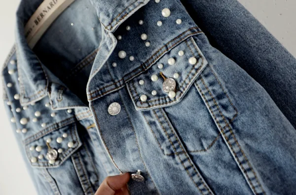 Fashion Women Denim Sky Blue Coats & Jackets 2021 Lapel Beading Pearl Cotton Casual Fall Winter Long Sleeve Tops