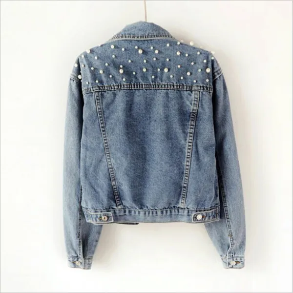 Fashion Women Denim Sky Blue Coats & Jackets 2021 Lapel Beading Pearl Cotton Casual Fall Winter Long Sleeve Tops
