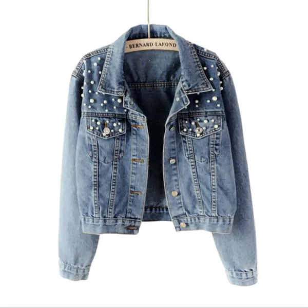 Fashion Women Denim Sky Blue Coats & Jackets 2021 Lapel Beading Pearl Cotton Casual Fall Winter Long Sleeve Tops