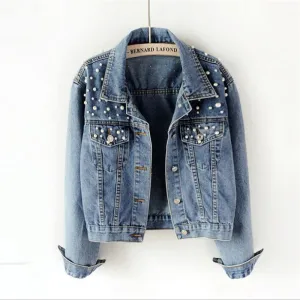 Fashion Women Denim Sky Blue Coats Jackets 2021 Lapel Beading Pearl Cotton Casual Fall Winter Long Sleeve Tops