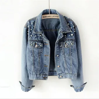 Fashion Women Denim Sky Blue Coats Jackets 2021 Lapel Beading Pearl Cotton Casual Fall Winter Long Sleeve Tops