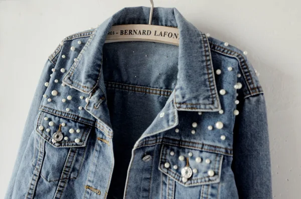 Fashion Women Denim Sky Blue Coats & Jackets 2021 Lapel Beading Pearl Cotton Casual Fall Winter Long Sleeve Tops