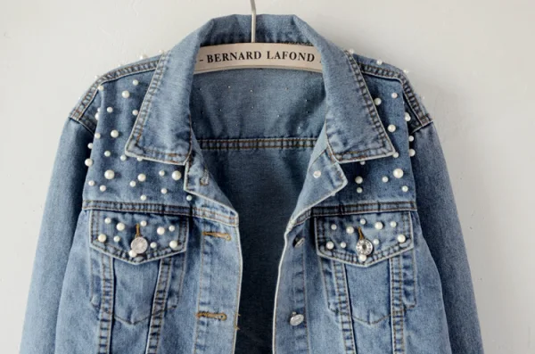 Fashion Women Denim Sky Blue Coats & Jackets 2021 Lapel Beading Pearl Cotton Casual Fall Winter Long Sleeve Tops