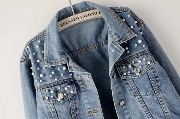 Fashion Women Denim Sky Blue Coats & Jackets 2021 Lapel Beading Pearl Cotton Casual Fall Winter Long Sleeve Tops