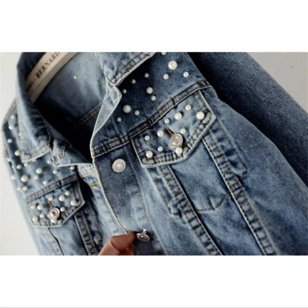 Fashion Women Denim Sky Blue Coats & Jackets 2021 Lapel Beading Pearl Cotton Casual Fall Winter Long Sleeve Tops