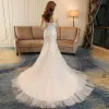 Affordable Church Hall Wedding Dresses 2017 White Trumpet / Mermaid Chapel Train Cascading Ruffles Scoop Neck Backless Long Sleeve Rhinestone Lace Appliques Pearl