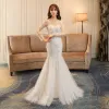 Affordable Church Hall Wedding Dresses 2017 White Trumpet / Mermaid Chapel Train Cascading Ruffles Scoop Neck Backless Long Sleeve Rhinestone Lace Appliques Pearl