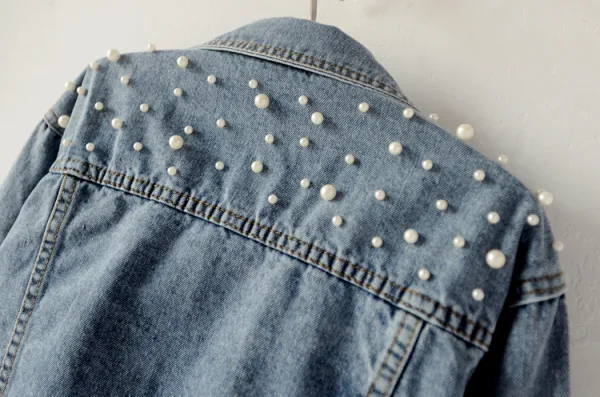 Fashion Women Denim Sky Blue Coats & Jackets 2021 Lapel Beading Pearl Cotton Casual Fall Winter Long Sleeve Tops