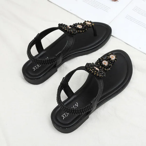 Böhmen Sommer Beige Strand Strass Sandalen Damen 2022 T-Riemen Flache Peeptoes Sandaletten