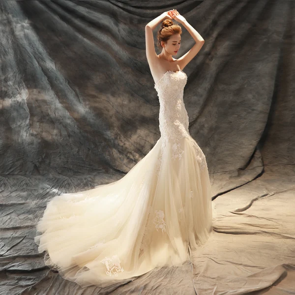 Chic / Beautiful Wedding Dresses 2017 Champagne Trumpet / Mermaid Chapel Train Cascading Ruffles Strapless Sleeveless Backless Lace Appliques Pearl