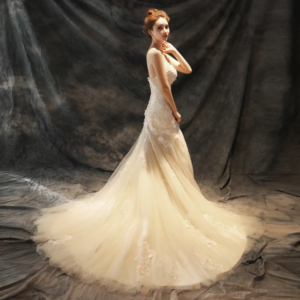 Chic / Beautiful Wedding Dresses 2017 Champagne Trumpet / Mermaid Chapel Train Cascading Ruffles Strapless Sleeveless Backless Lace Appliques Pearl