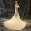 Chic / Beautiful Wedding Dresses 2017 Champagne Trumpet / Mermaid Chapel Train Cascading Ruffles Strapless Sleeveless Backless Lace Appliques Pearl