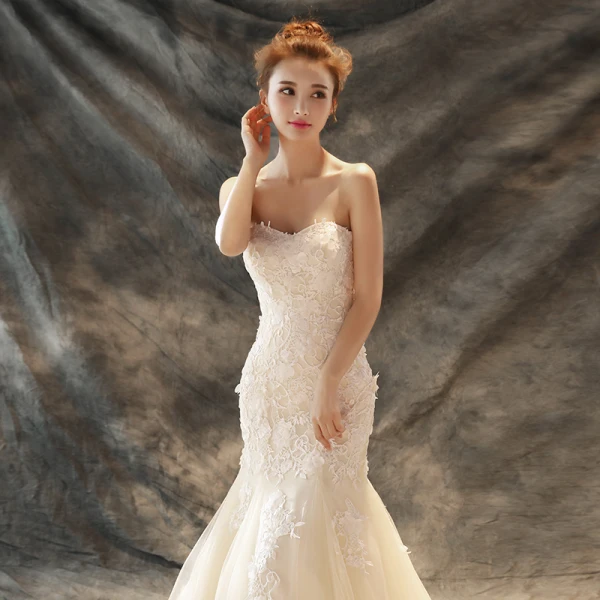 Chic / Beautiful Wedding Dresses 2017 Champagne Trumpet / Mermaid Chapel Train Cascading Ruffles Strapless Sleeveless Backless Lace Appliques Pearl