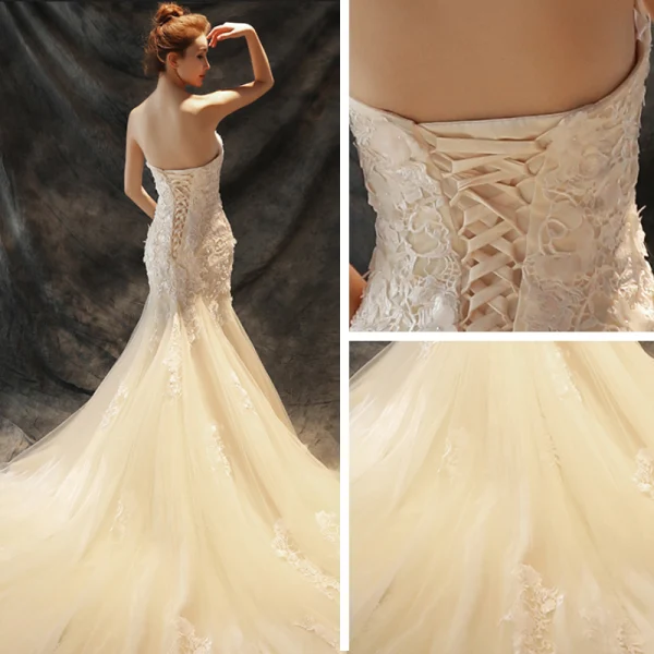 Chic / Beautiful Wedding Dresses 2017 Champagne Trumpet / Mermaid Chapel Train Cascading Ruffles Strapless Sleeveless Backless Lace Appliques Pearl