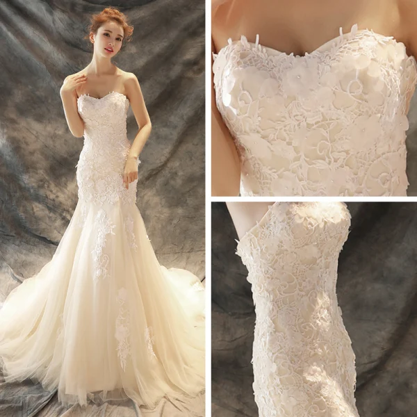 Chic / Beautiful Wedding Dresses 2017 Champagne Trumpet / Mermaid Chapel Train Cascading Ruffles Strapless Sleeveless Backless Lace Appliques Pearl