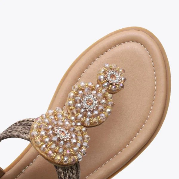 Böhmen Sommer Beige Strand Strass Sandalen Damen 2022 T-Riemen Flache Peeptoes Sandaletten