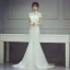 Style Chinois Salle Robe De Mariée 2017 Blanche Trompette / Sirène Chapel Train Col Haut Manches Courtes Dos Nu Paillettes Dentelle Appliques