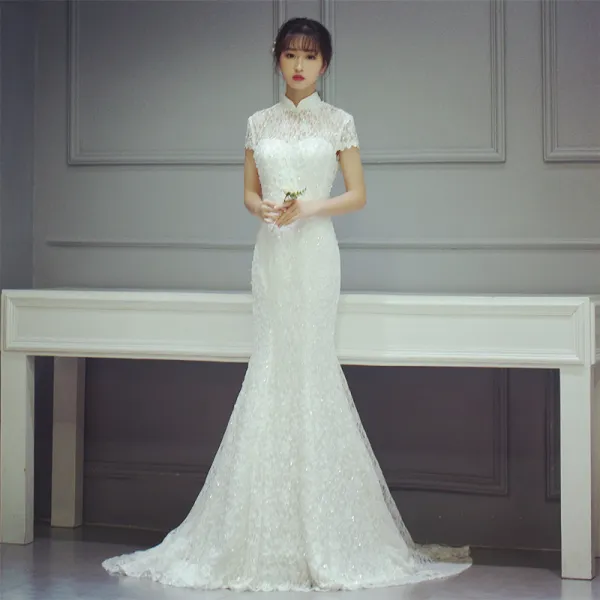 Chinese style Hall Wedding Dresses 2017 White Trumpet / Mermaid Chapel Train High Neck Short Sleeve Backless Sequins Lace Appliques