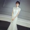 Chinese style Hall Wedding Dresses 2017 White Trumpet / Mermaid Chapel Train High Neck Short Sleeve Backless Sequins Lace Appliques